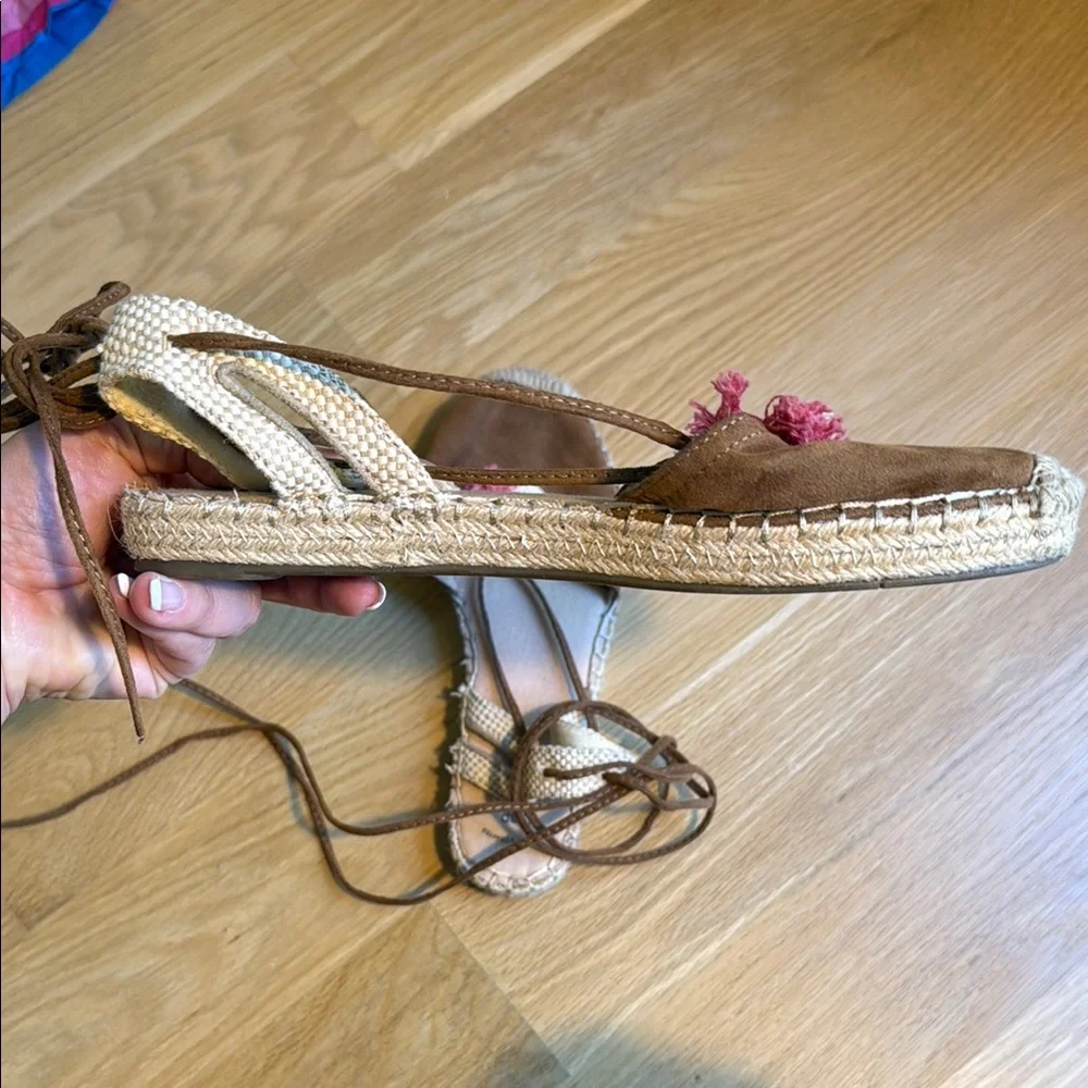 GAP Brown Suede Espadrilles with Pink & Cream Poms